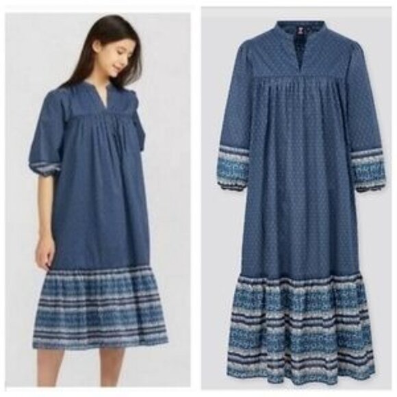 Anna Sui Uniqlo Midi Dress Boho Relaxed Peasant Tiered Hippie Blue 100% Cotton - Picture 1 of 12